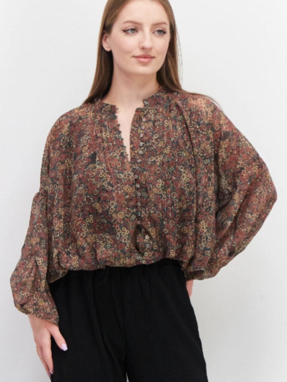 Kourt Blouson Fall Floral Button-Front Top Fairycore Whimsigoth Ren Fair Sz M